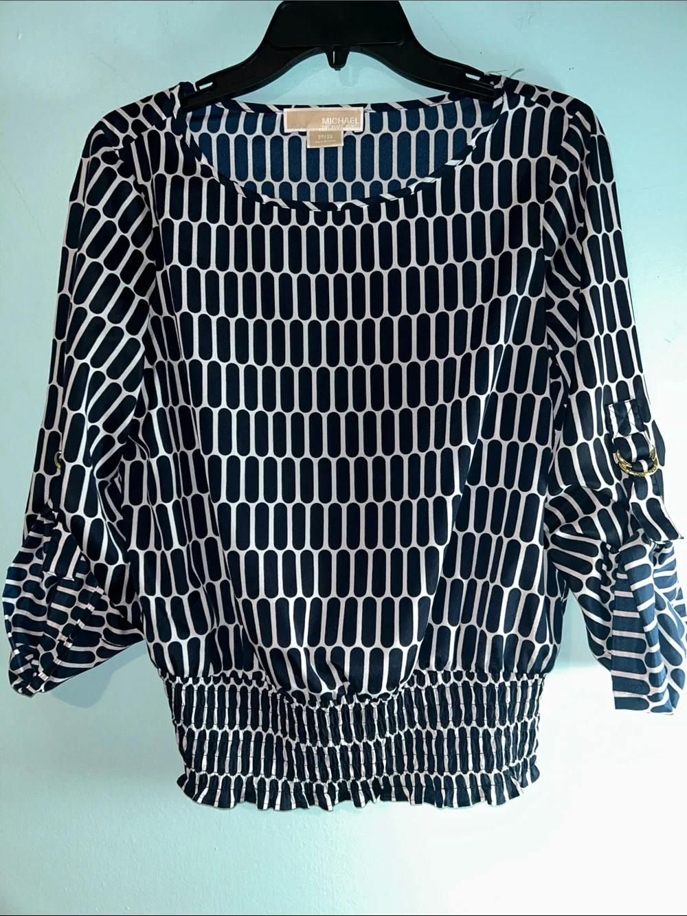 Michael Kors Navy & White Patterned Blouson Top